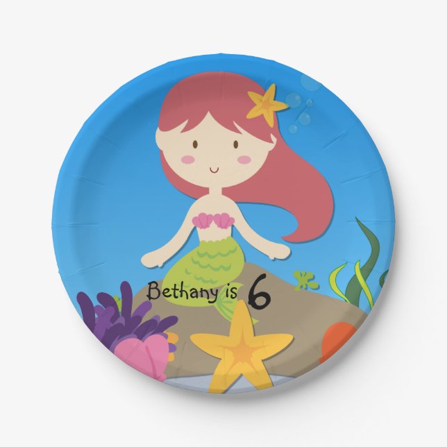 Personalised Redhead Mermaid Birthday Paper Plate (Front)
