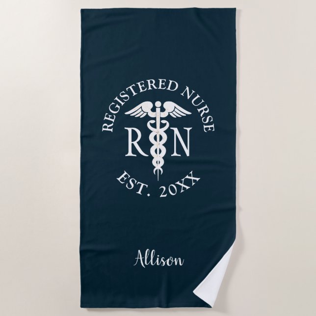Personalised Registered Nurse Blue White Caduceus Beach Towel (Front)