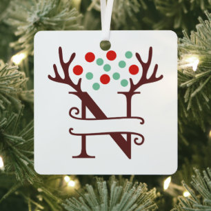 Personalised Reindeer Antlers Name "N" Metal Tree Decoration