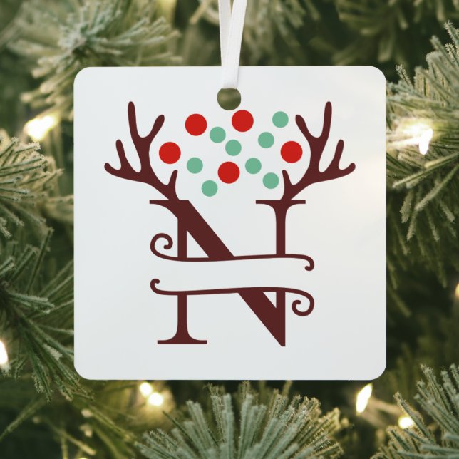 Personalised Reindeer Antlers Name "N" Metal Tree Decoration (Insitu)