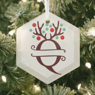 Personalised Reindeer Antlers Name "Q" Glass Tree Decoration
