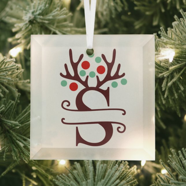 Personalised Reindeer Antlers Name "S"   Glass Tree Decoration (Insitu)