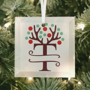Personalised Reindeer Antlers Name "T" Glass Tree Decoration