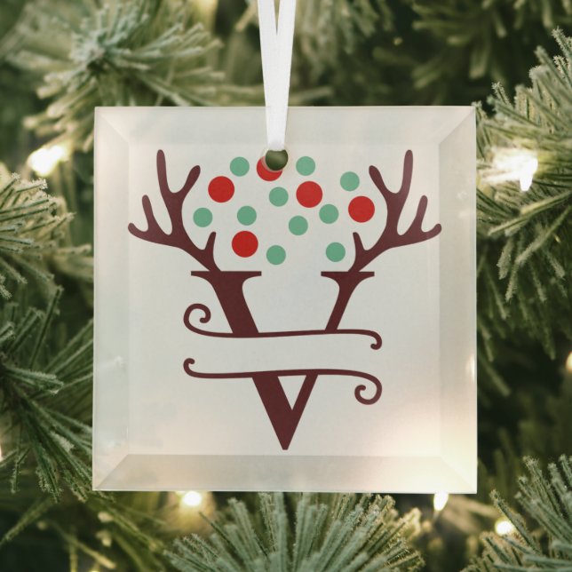 Personalised Reindeer Antlers Name "V" Glass Tree Decoration (Insitu)