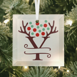 Personalised Reindeer Antlers Name "Y" Glass Tree Decoration