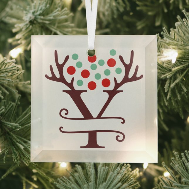 Personalised Reindeer Antlers Name "Y" Glass Tree Decoration (Insitu)