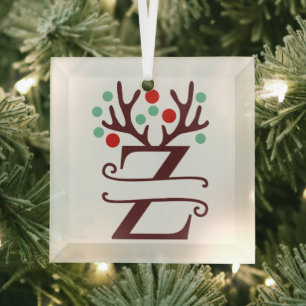 Personalised Reindeer Antlers Name "Z" Glass Tree Decoration