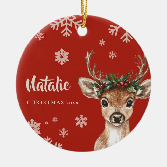 Personalised Reindeer Christmas Ornament Snowflake (Front)