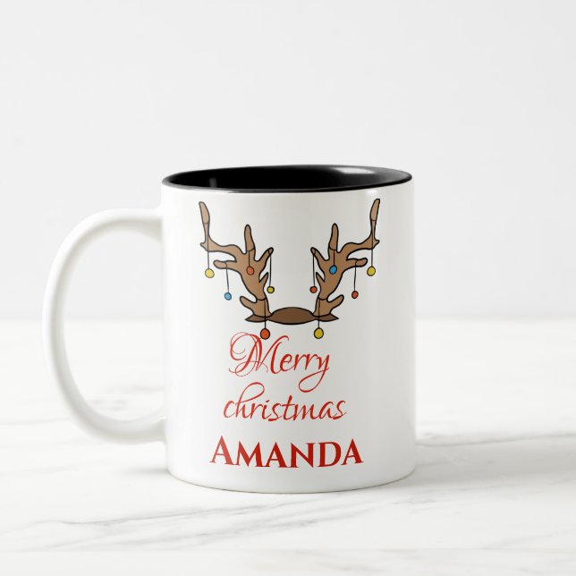 Personalised Reindeer decor- Merry christmas   Two-Tone Coffee Mug (Left)