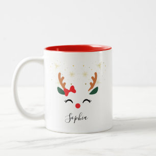 Personalised Reindeer Face Christmas Mug with Bow