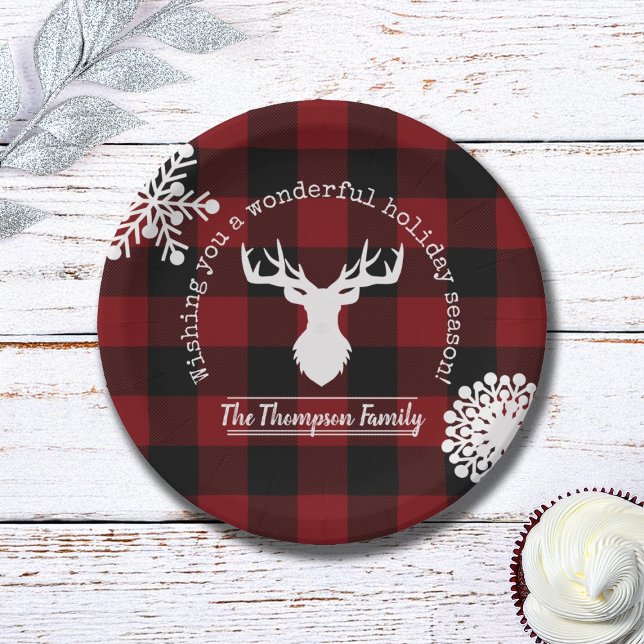 Personalised Reindeer Red and Black Buffalo Plaid Paper Plate (Creator Uploaded)