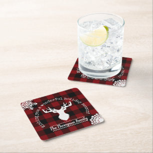 Personalised Reindeer Red and Black Buffalo Plaid Square Paper Coaster