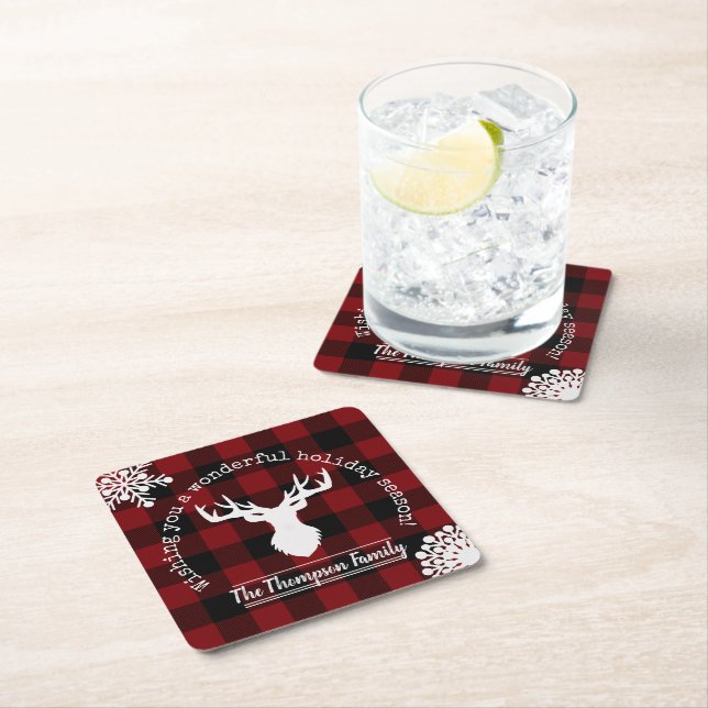 Personalised Reindeer Red and Black Buffalo Plaid Square Paper Coaster (Insitu)