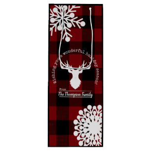 Personalised Reindeer Red and Black Buffalo Plaid Wine Gift Bag