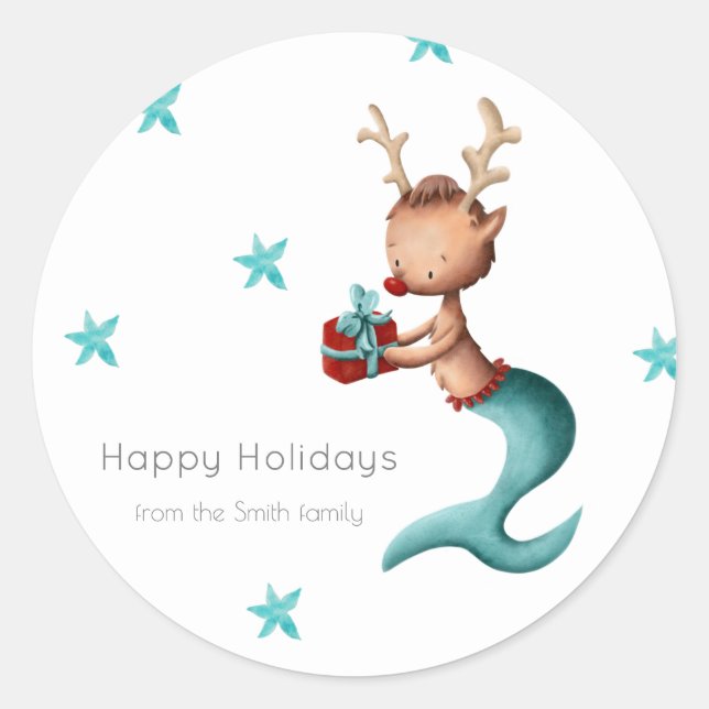 Personalised Reindeer with Present Holiday Classic Round Sticker (Front)