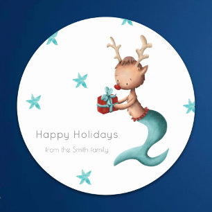 Personalised Reindeer with Present Holiday Classic Round Sticker