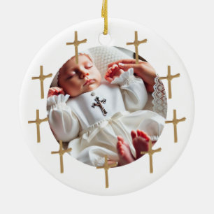 Personalised Religious Photo Baby Golden Crosses Ceramic Tree Decoration