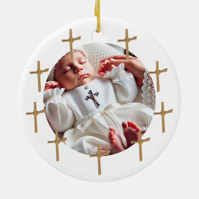Personalised Religious Photo Baby Golden Crosses Ceramic Tree Decoration (Back)