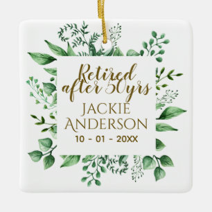 Personalised Retirement Gift Botanical Green Leaf Ceramic Ornament
