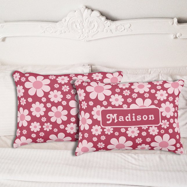 Personalised Retro 70s Floral Pink Decorative Cushion (Retro 70s vintage pink daisy pattern and groovy typography personalized pillow)