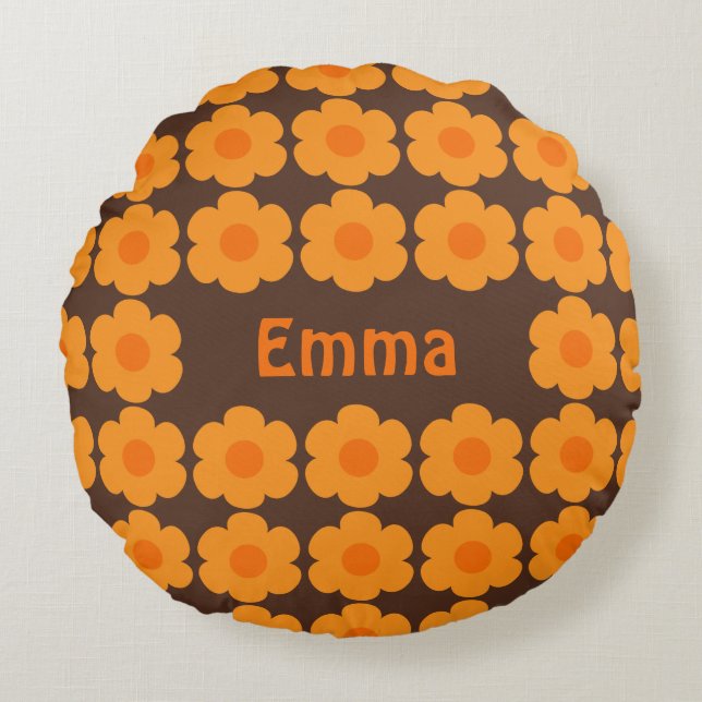Personalised Retro 70s Flowers Brown and Orange Round Cushion (Front)