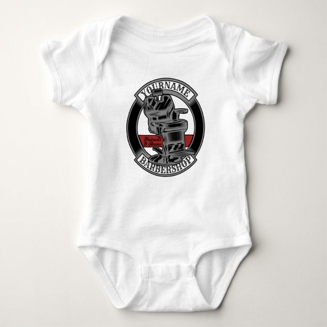 Personalised Retro BarberShop Barber Chair Salon Baby Bodysuit (Front)