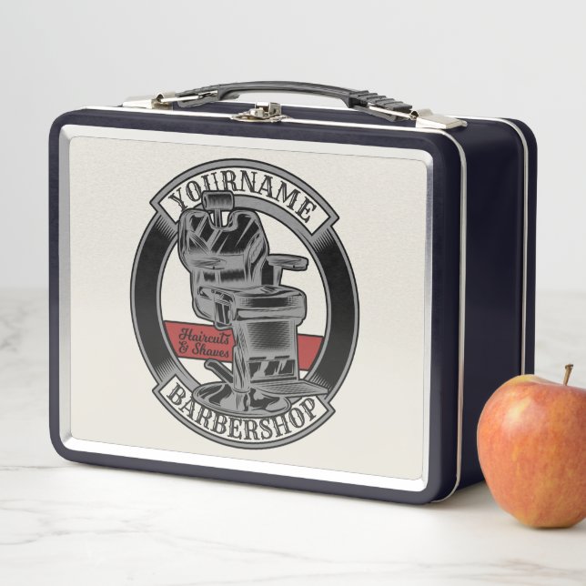 Personalised Retro BarberShop Barber Chair Salon  Metal Lunch Box (In Situ)