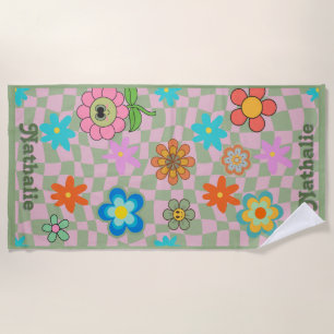 Personalised Retro Beach Towel   Floral Name Gift 