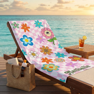 Personalised Retro Beach Towel Floral Name Gift