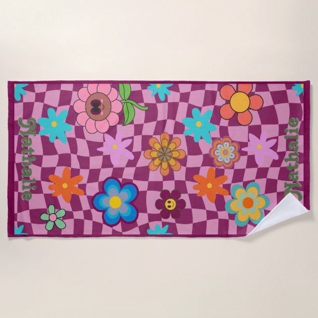 Personalised Retro Beach Towel | Floral Name Gift  (Front)
