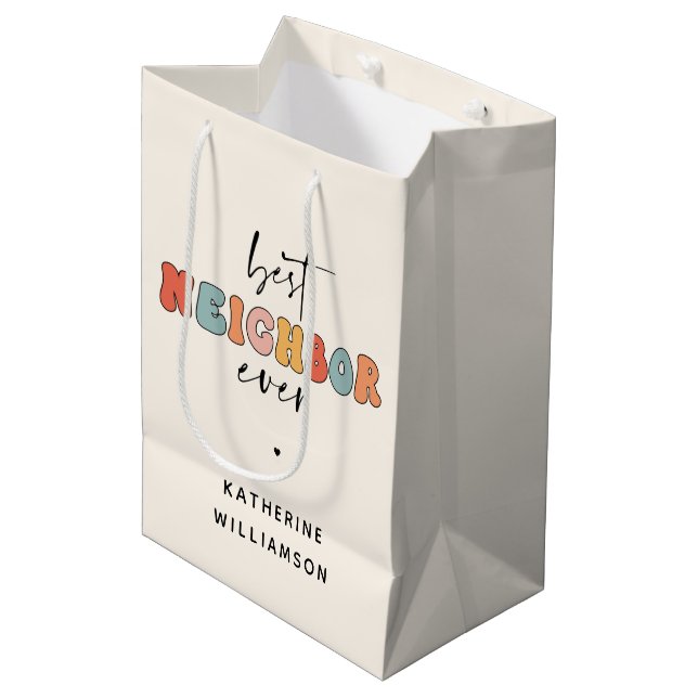Personalised Retro Best Neighbour Ever Cute Medium Gift Bag (Front Angled)