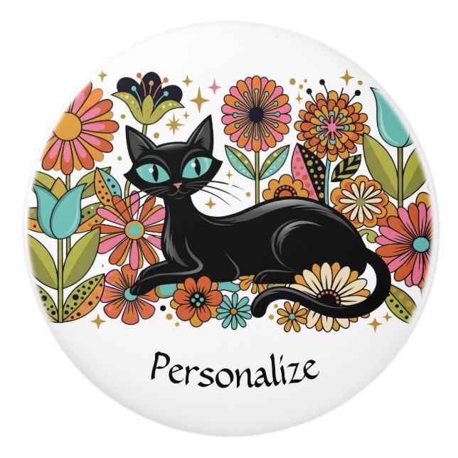 Personalised Retro Black Cat Floral Accent Ceramic Knob (Front)