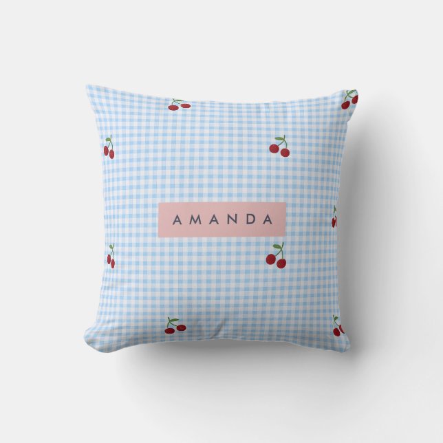 Personalised Retro Blue Gingham Cherry Print  Cushion (Front)