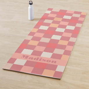 Personalised Retro Boho Chequered Pattern Pink Yoga Mat