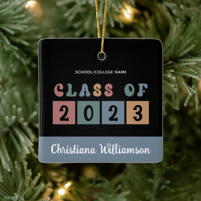 Personalised Retro Class of 2023 Graduation Cute Ceramic Ornament (Tree)