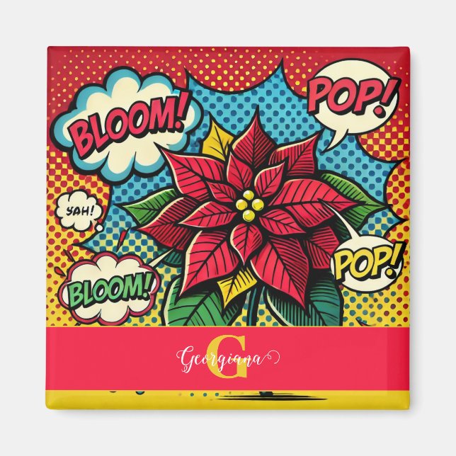 Personalised Retro Comic Book Pop Art Poinsettia Magnet (Front)