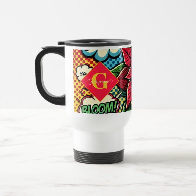 Personalised Retro Comic Book Pop Art Poinsettia Travel Mug (Left)