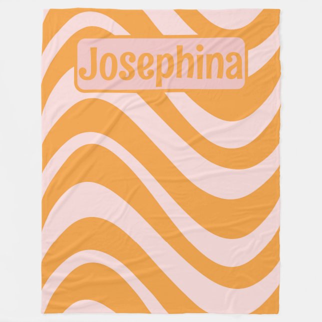 Personalised Retro Curvy Orange Pink Fleece Blanket (Front)