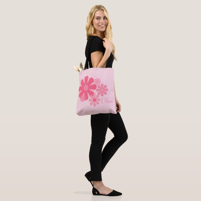 Personalised Retro Cute Pink Flowers Tote Bag (On Model)
