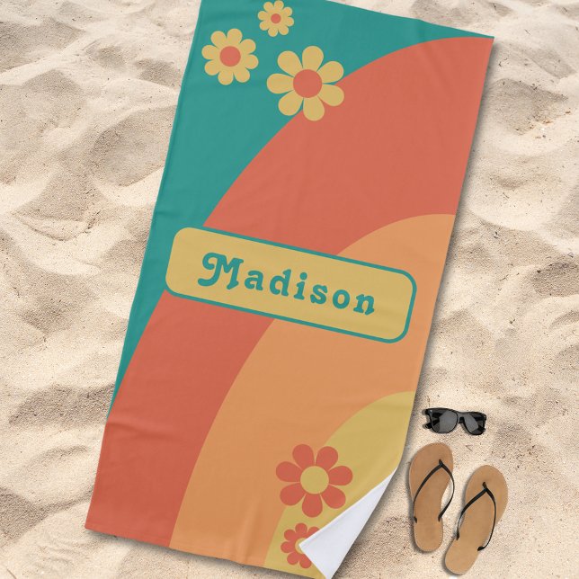 Personalised Retro Daisy Arch Groovy Beach Towel (Retro daisy arch groovy typography orange green yellow custom name beach towel)