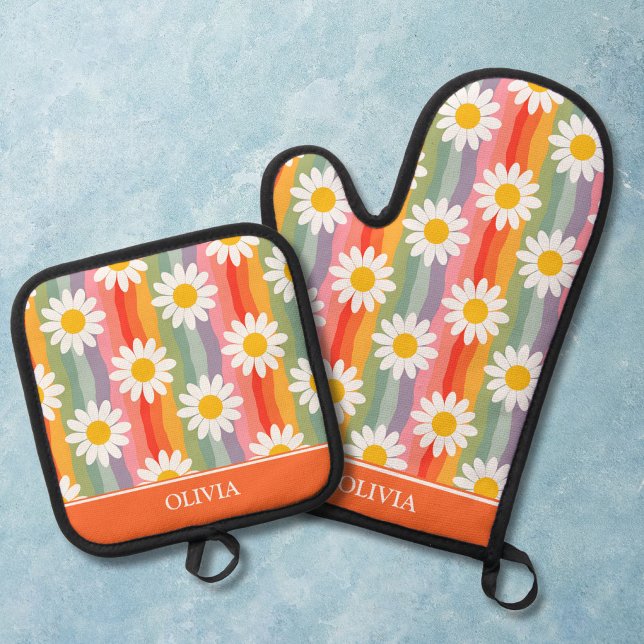 Personalised Retro Daisy Oven Mitt & Pot Holder Set (Creator Uploaded)