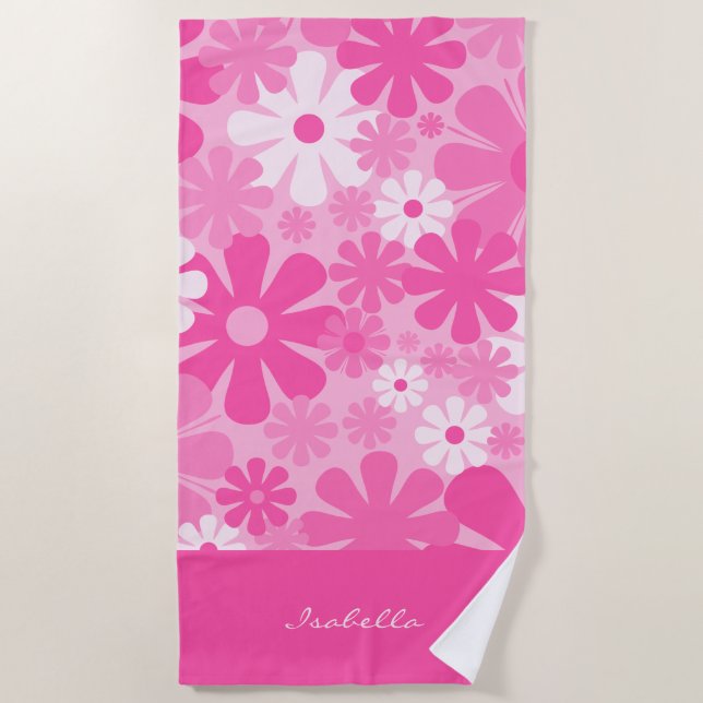 Personalised Retro Floral 60s 70s Y2K Pink Beach T Beach Towel (Front)