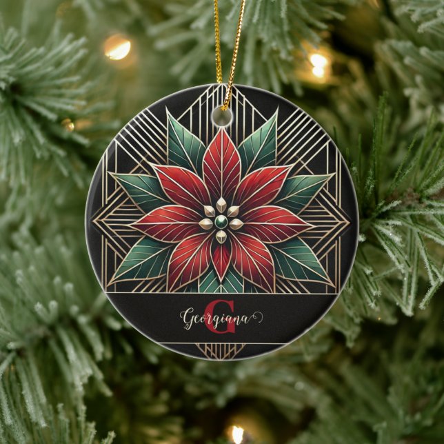 Personalised Retro Floral Art Deco Poinsettia Ceramic Tree Decoration (Tree)