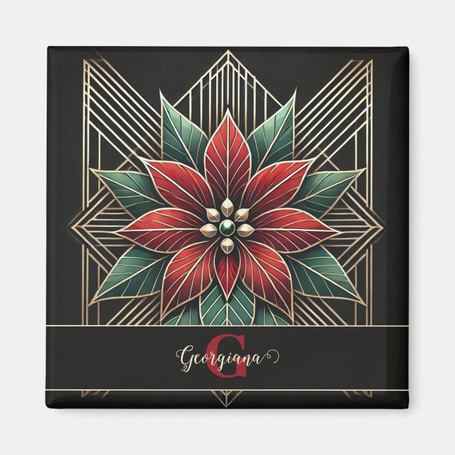 Personalised Retro Floral Art Deco Poinsettia Magnet (Front)