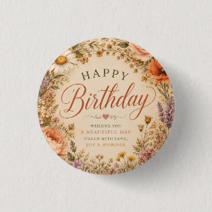 Personalised Retro Floral Birthday with flowers 3 Cm Round Badge