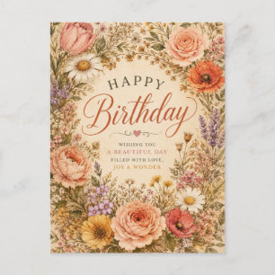 Personalised Retro Floral Birthday with flowers Holiday Postcard