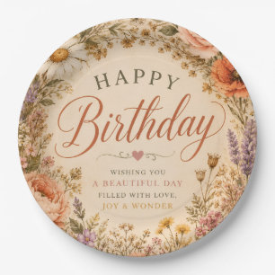 Personalised Retro Floral Birthday with flowers Paper Plate
