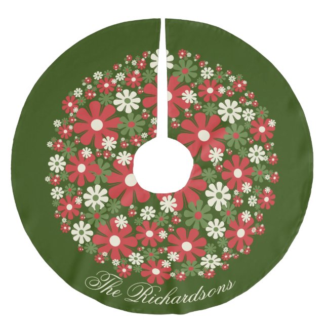 Personalised Retro Floral Christmas Flowers Brushed Polyester Tree Skirt (Front)
