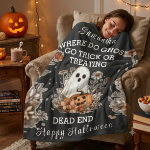personalised retro floral funny ghost Halloween Fleece Blanket