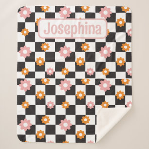 Personalised Retro Floral Pink and Orange Sherpa Blanket